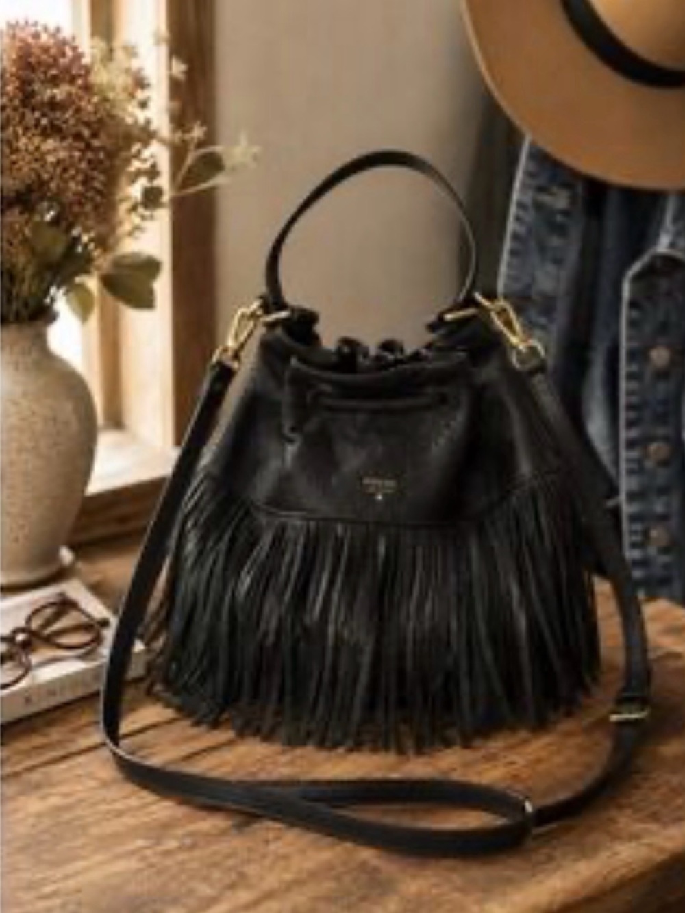 Fossil Black Fringe Leather Bucket Bag - Women's Handbag